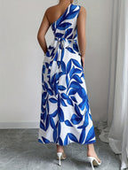 Vestido de Un Hombro Azul y Blanco para Mujer