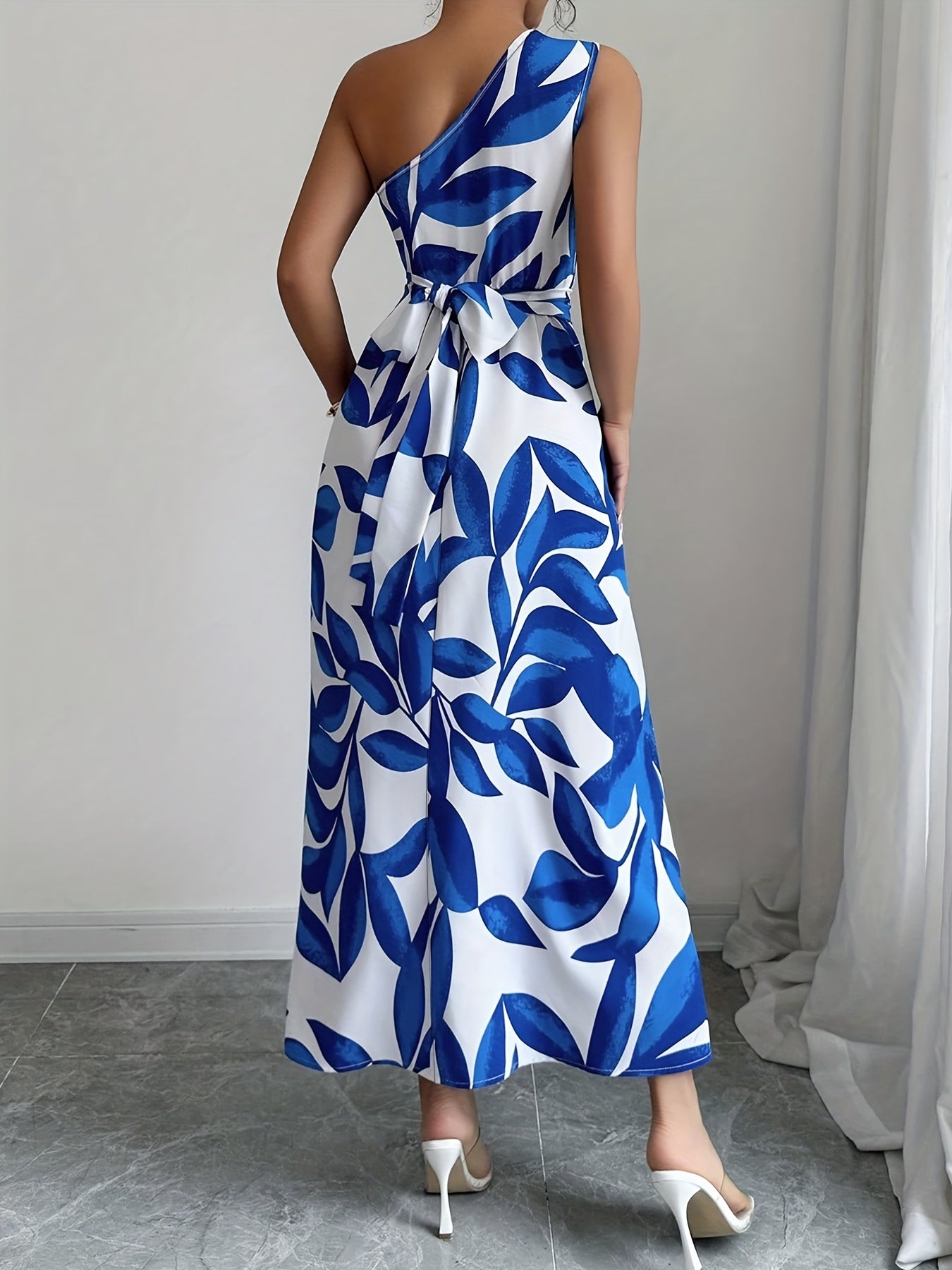 Vestido de Un Hombro Azul y Blanco para Mujer