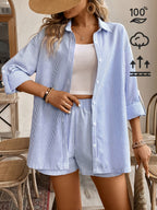 Conjunto Elegante de Camisa a Rayas y Shorts para Mujer – Estilo Casual y Moderno de Verano