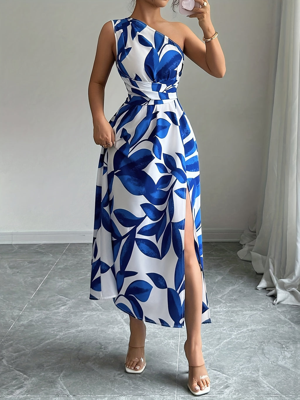 Vestido de Un Hombro Azul y Blanco para Mujer