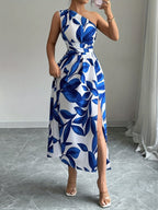 Vestido de Un Hombro Azul y Blanco para Mujer
