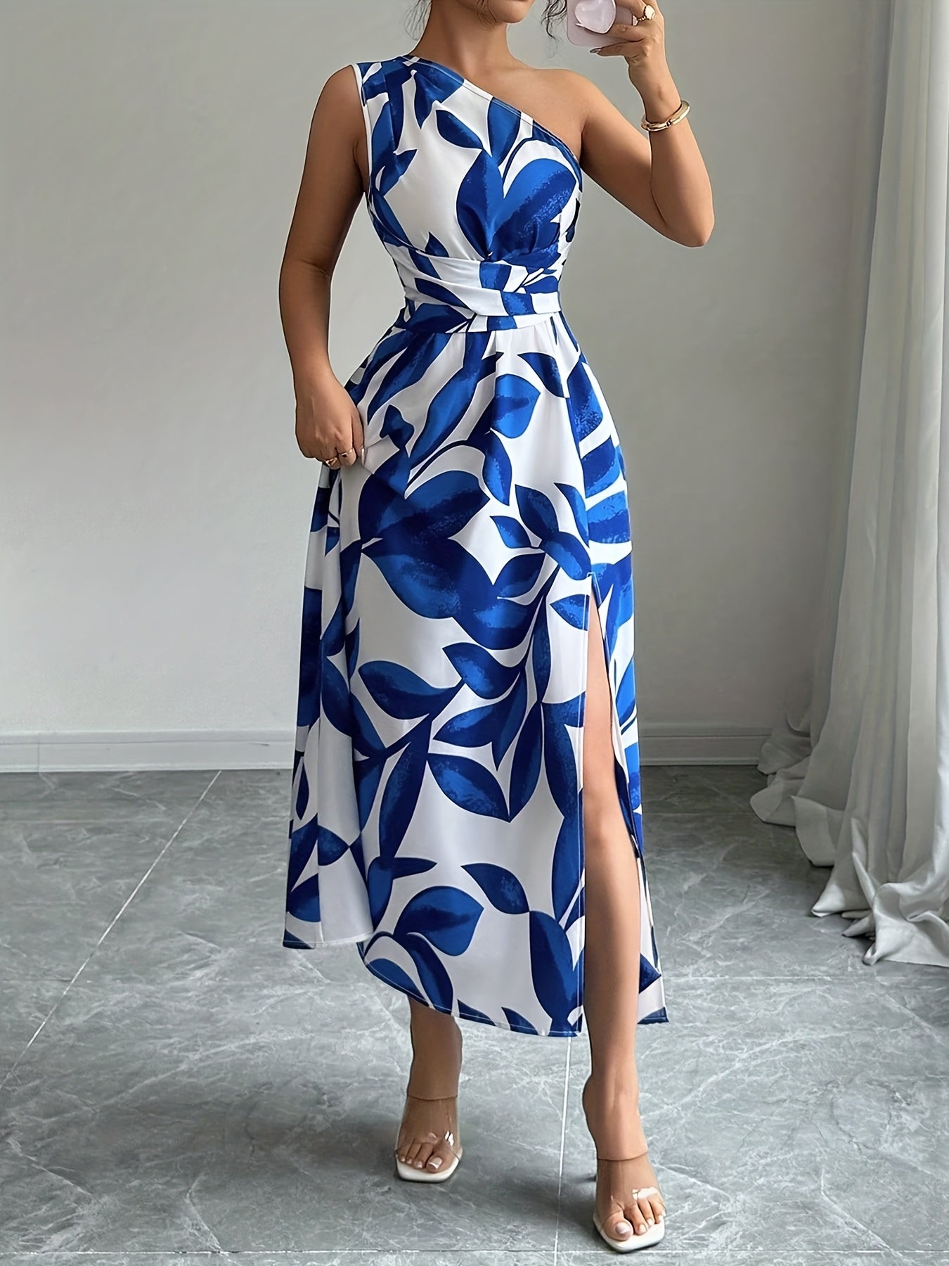 Vestido de Un Hombro Azul y Blanco para Mujer