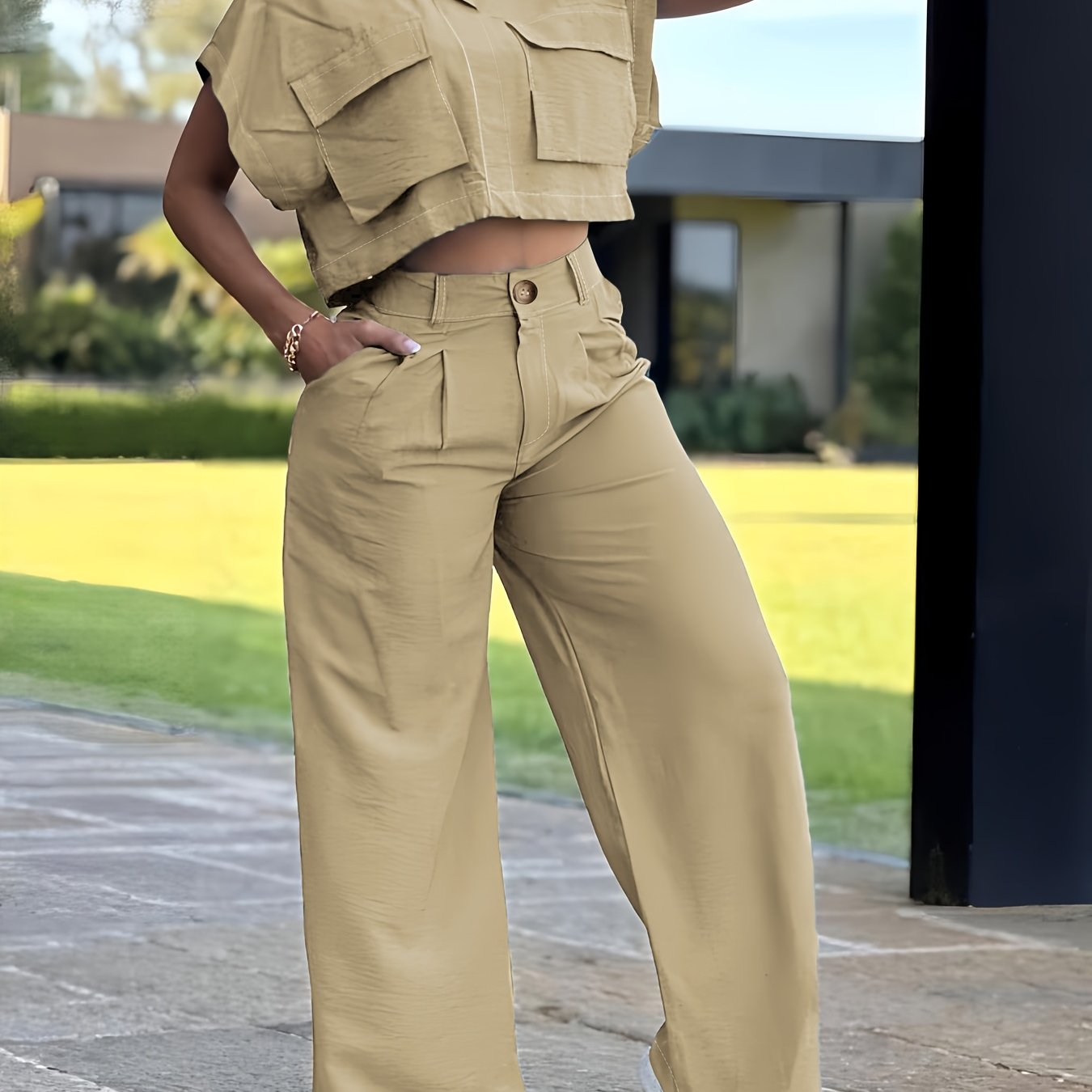 Conjunto Casual de Camisa con Bolsillo y Pantalón para Mujer – 2 Piezas