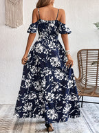 Vestido Elegante Floral para Mujer con Hombros Descubiertos y Cinturón, Corte A-Line con Abertura, Perfecto para Primavera y Verano