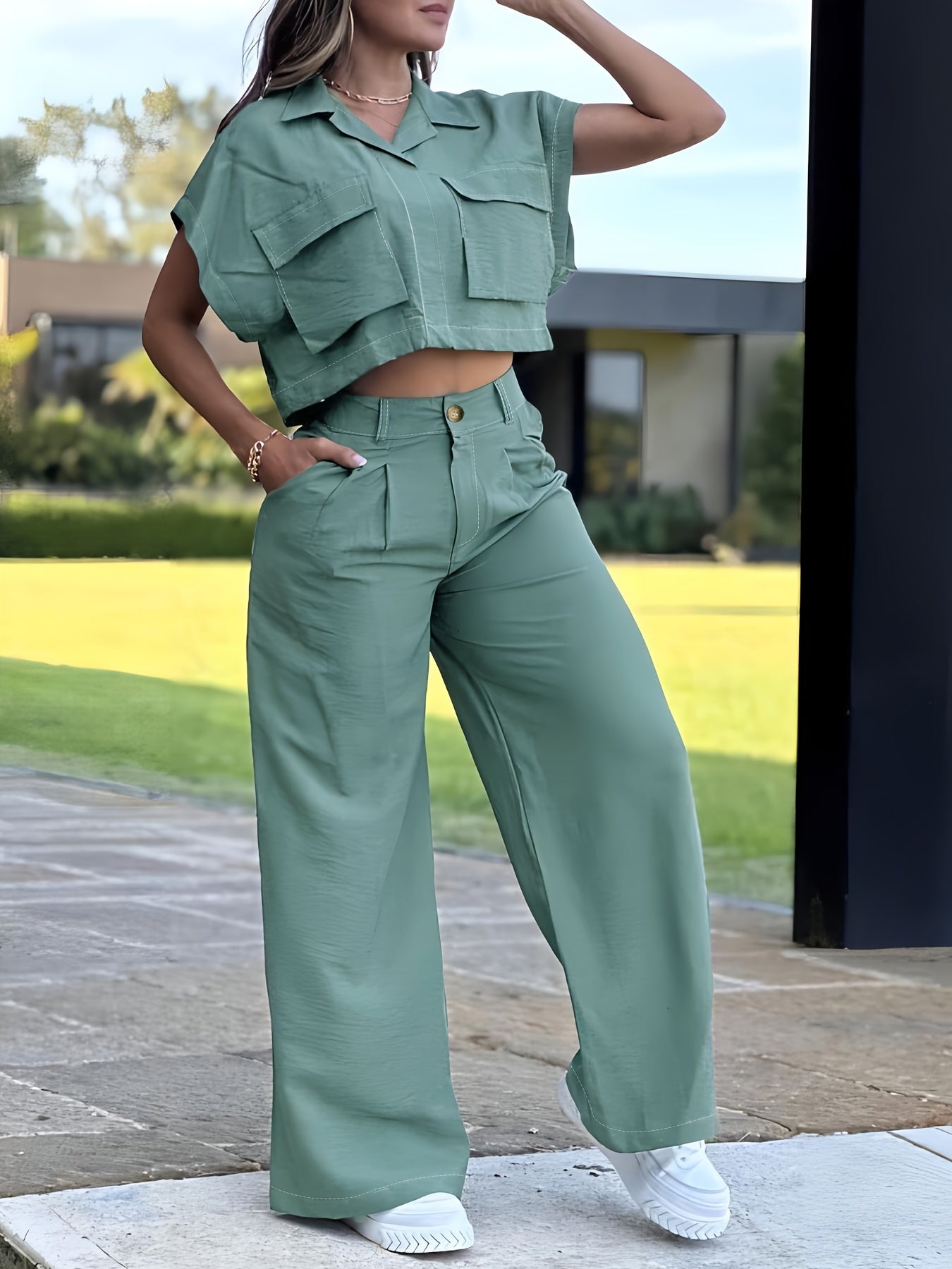 Conjunto Casual de Camisa con Bolsillo y Pantalón para Mujer – 2 Piezas