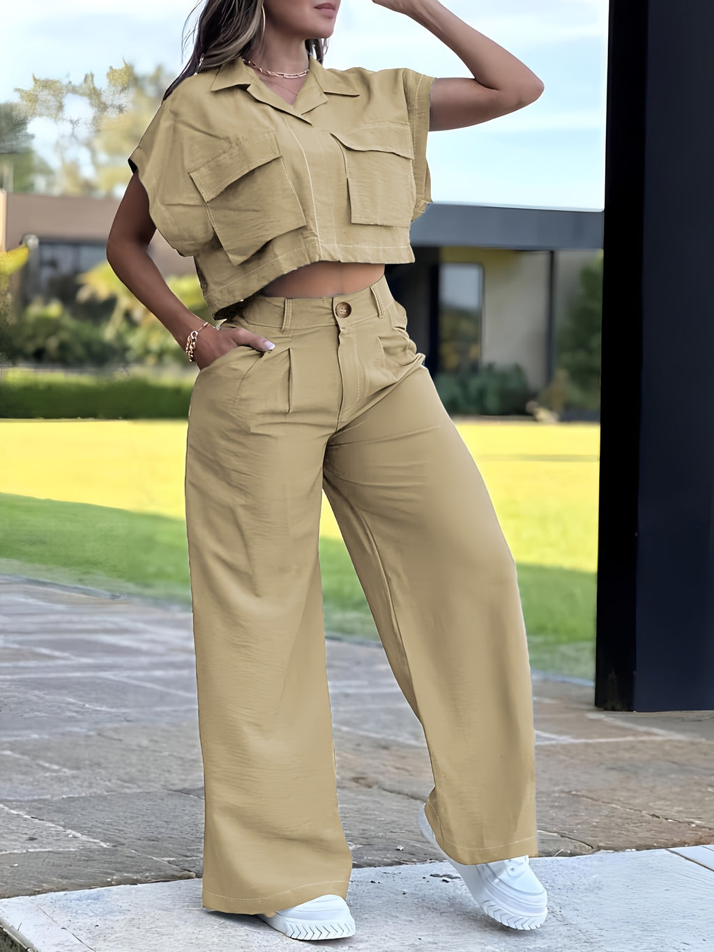 Conjunto Casual de Camisa con Bolsillo y Pantalón para Mujer – 2 Piezas