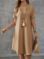 Vestido Casual de Color Sólido para Mujer – Cuello Redondo y Manga Corta