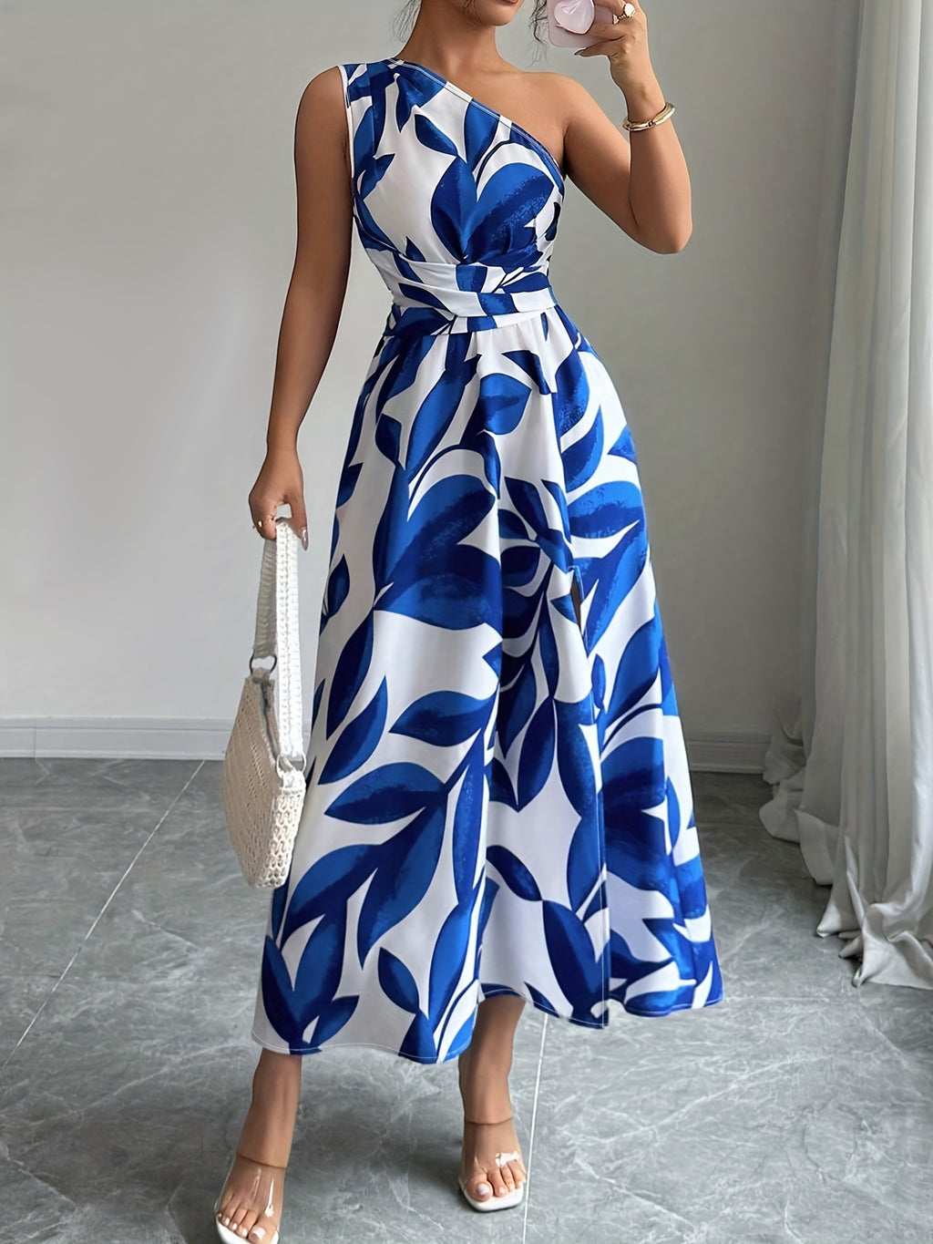 Vestido de Un Hombro Azul y Blanco para Mujer