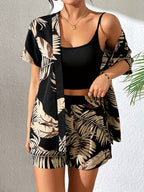 Conjunto Tropical de 2 Piezas para Mujer – Cárdigan y Shorts de Verano, Estilo Vacaciones