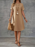 Vestido Casual de Color Sólido para Mujer – Cuello Redondo y Manga Corta