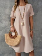 Vestido Casual de Color Sólido para Mujer – Cuello Redondo y Manga Corta