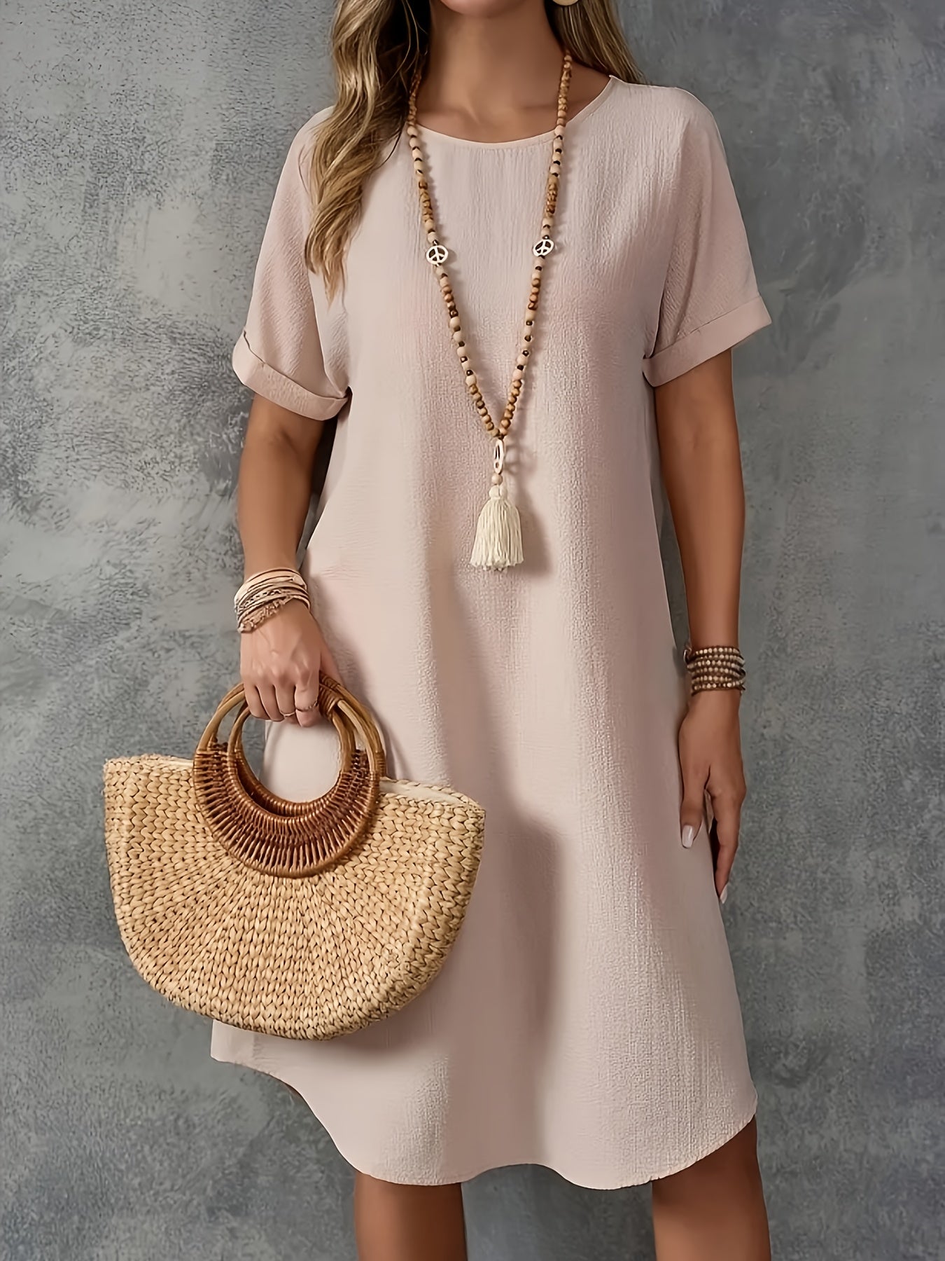 Vestido Casual de Color Sólido para Mujer – Cuello Redondo y Manga Corta