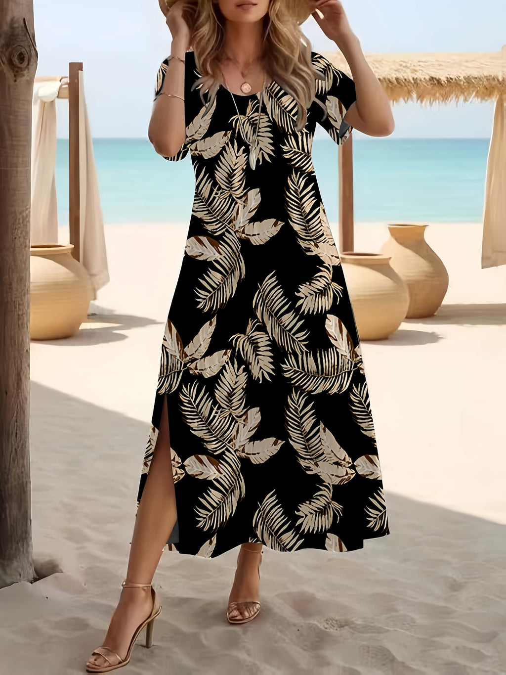Vestido Elegante con Estampado de Plantas Tropicales para Mujer