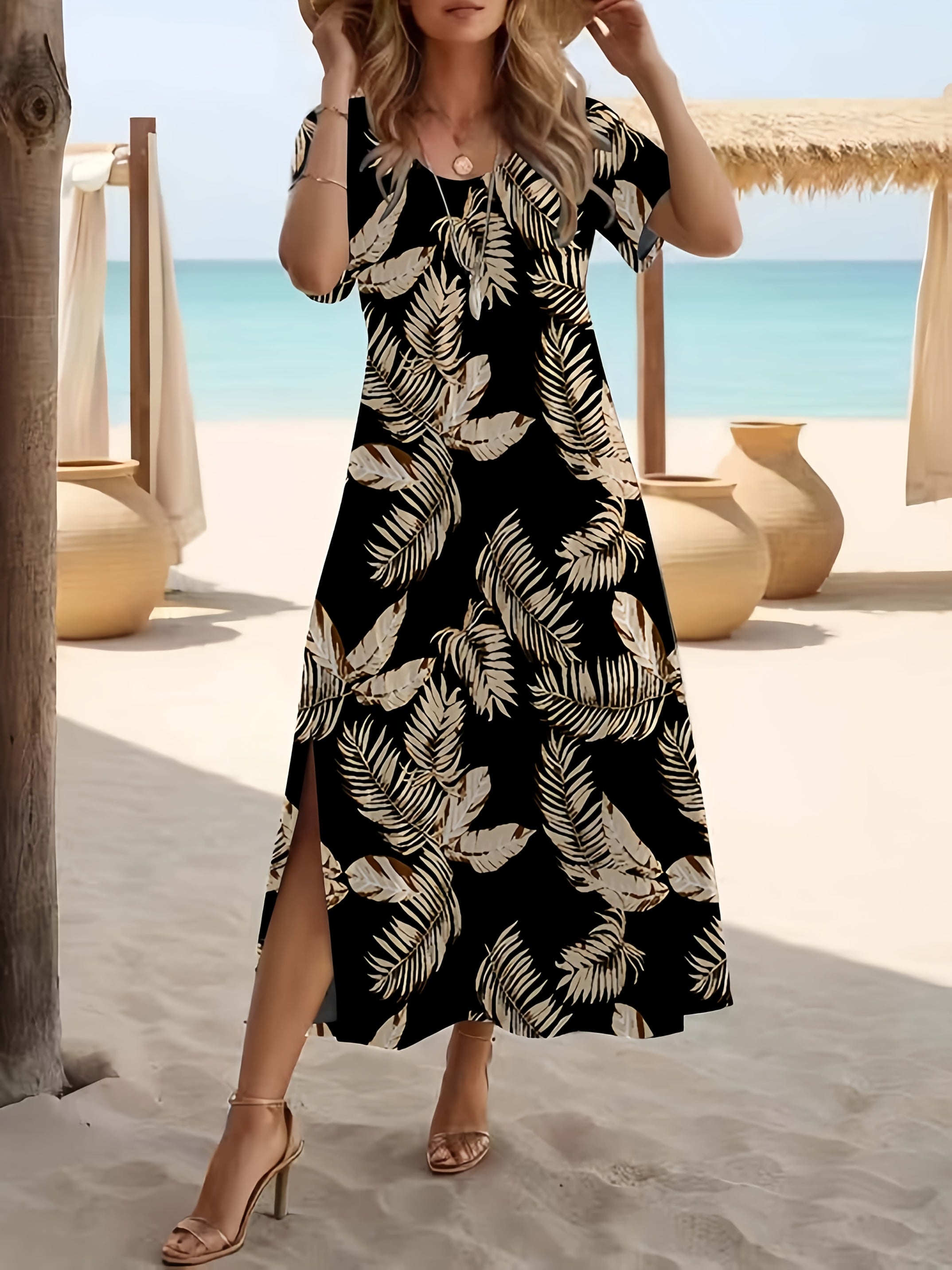 Vestido Elegante con Estampado de Plantas Tropicales para Mujer