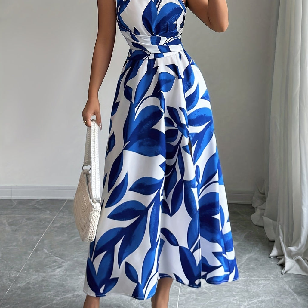 Vestido de Un Hombro Azul y Blanco para Mujer