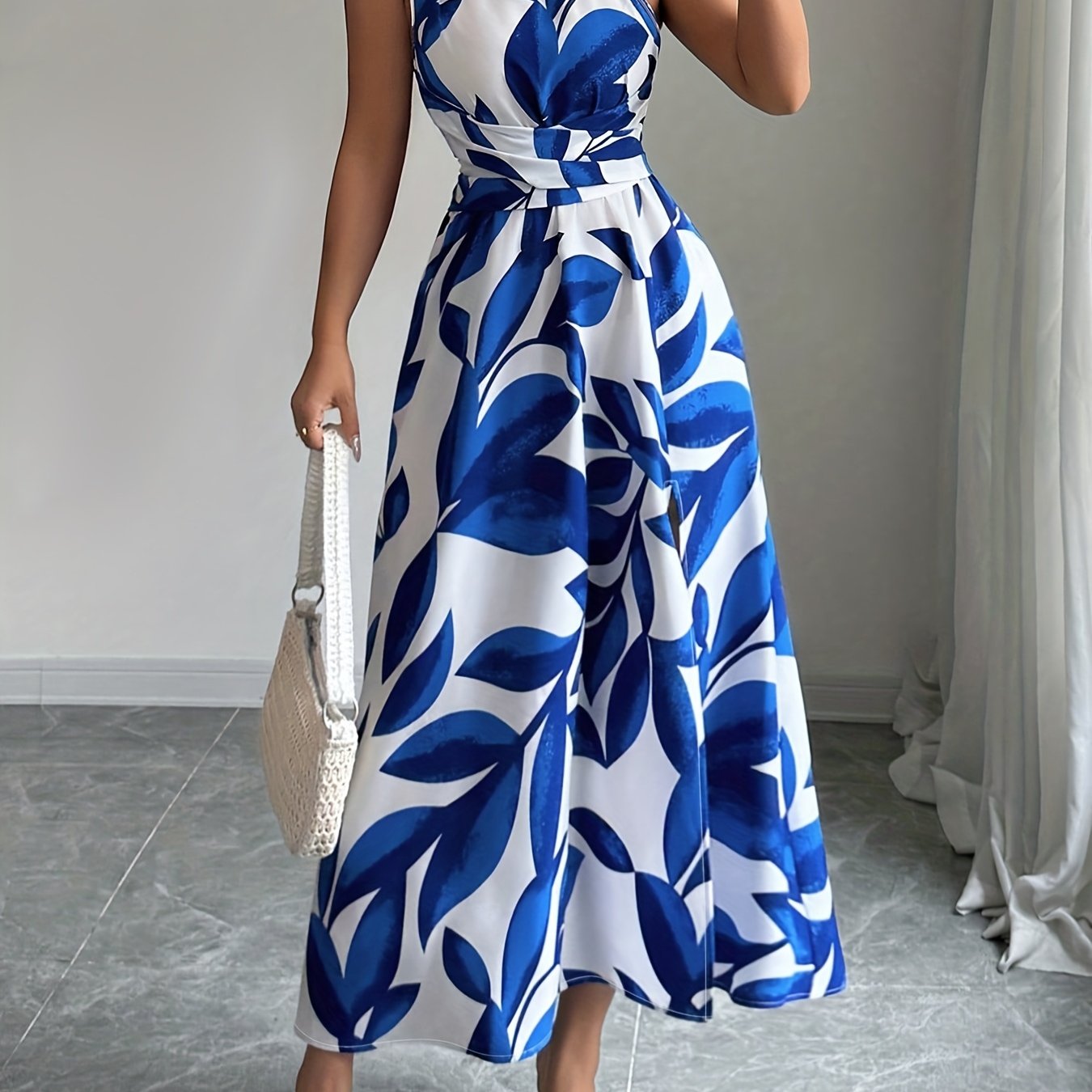 Vestido de Un Hombro Azul y Blanco para Mujer