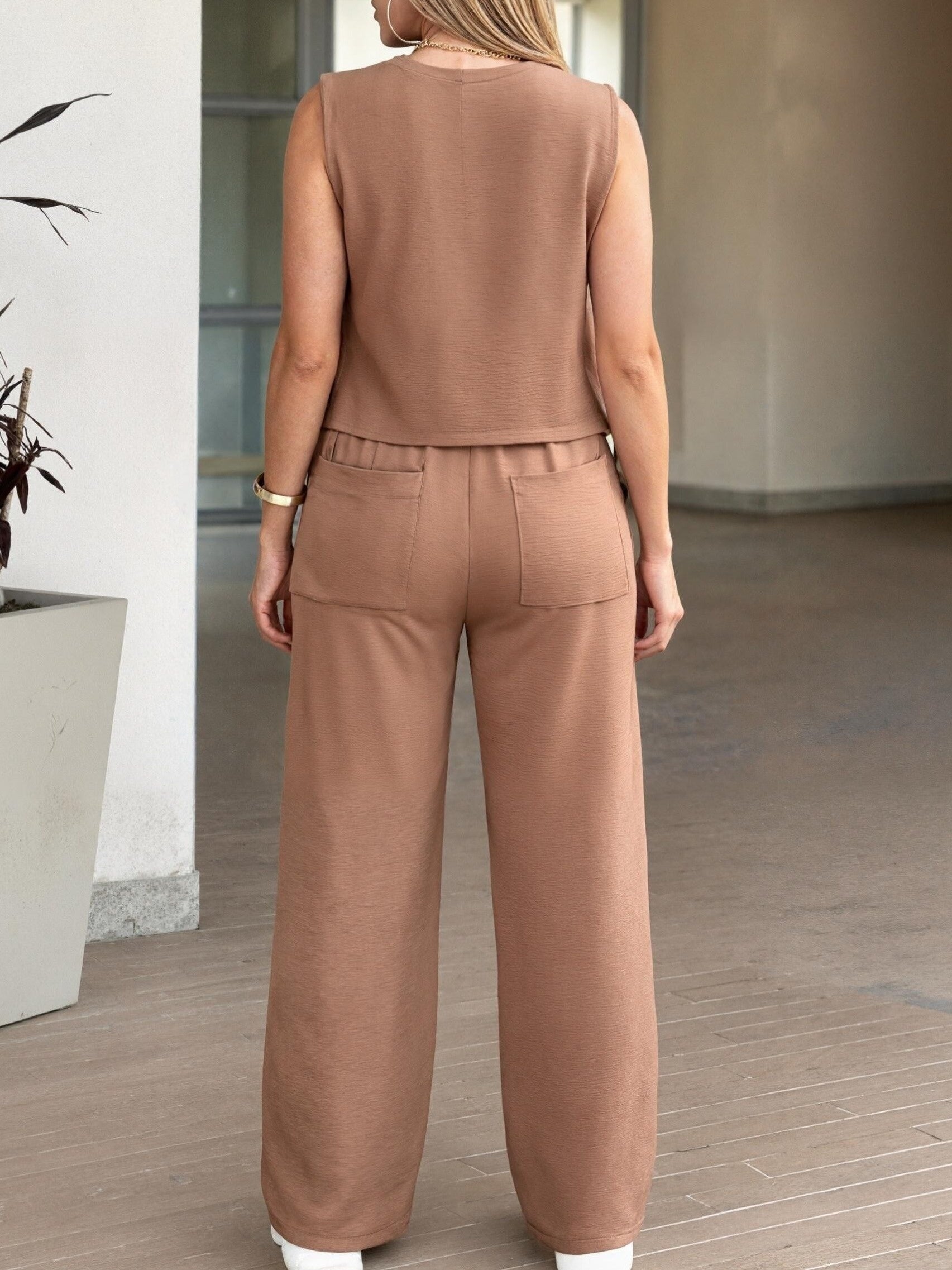 Conjunto de Top Sin Mangas y Pantalón Ancho para Mujer – 2 Piezas