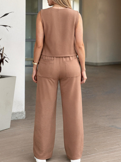 Conjunto de Top Sin Mangas y Pantalón Ancho para Mujer – 2 Piezas