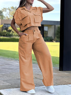 Conjunto Casual de Camisa con Bolsillo y Pantalón para Mujer – 2 Piezas