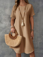 Vestido Casual de Color Sólido para Mujer – Cuello Redondo y Manga Corta