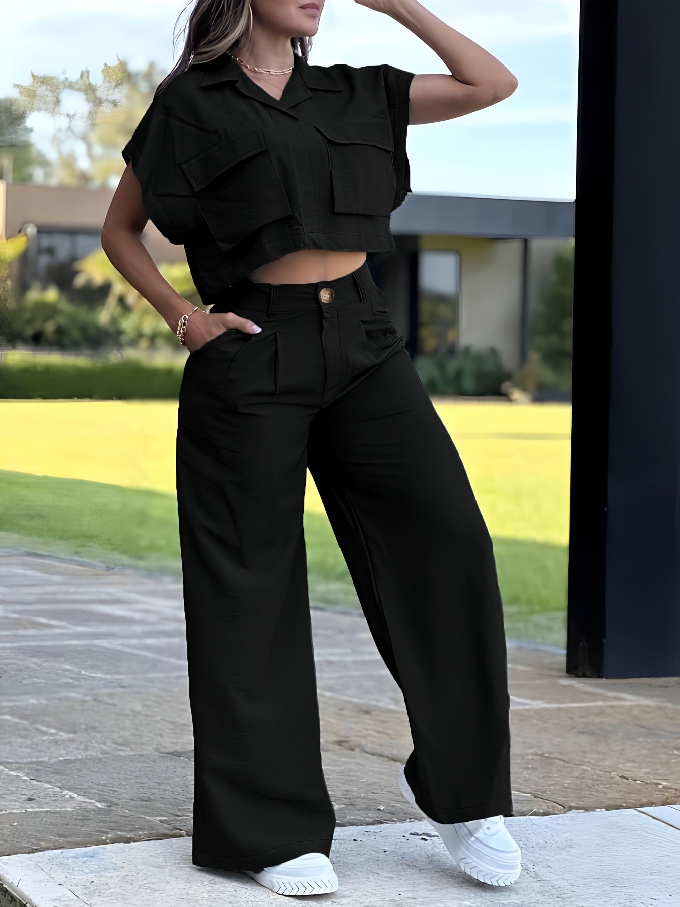 Conjunto Casual de Camisa con Bolsillo y Pantalón para Mujer – 2 Piezas