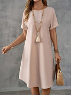 Vestido Casual de Color Sólido para Mujer – Cuello Redondo y Manga Corta