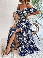 Vestido Elegante Floral para Mujer con Hombros Descubiertos y Cinturón, Corte A-Line con Abertura, Perfecto para Primavera y Verano