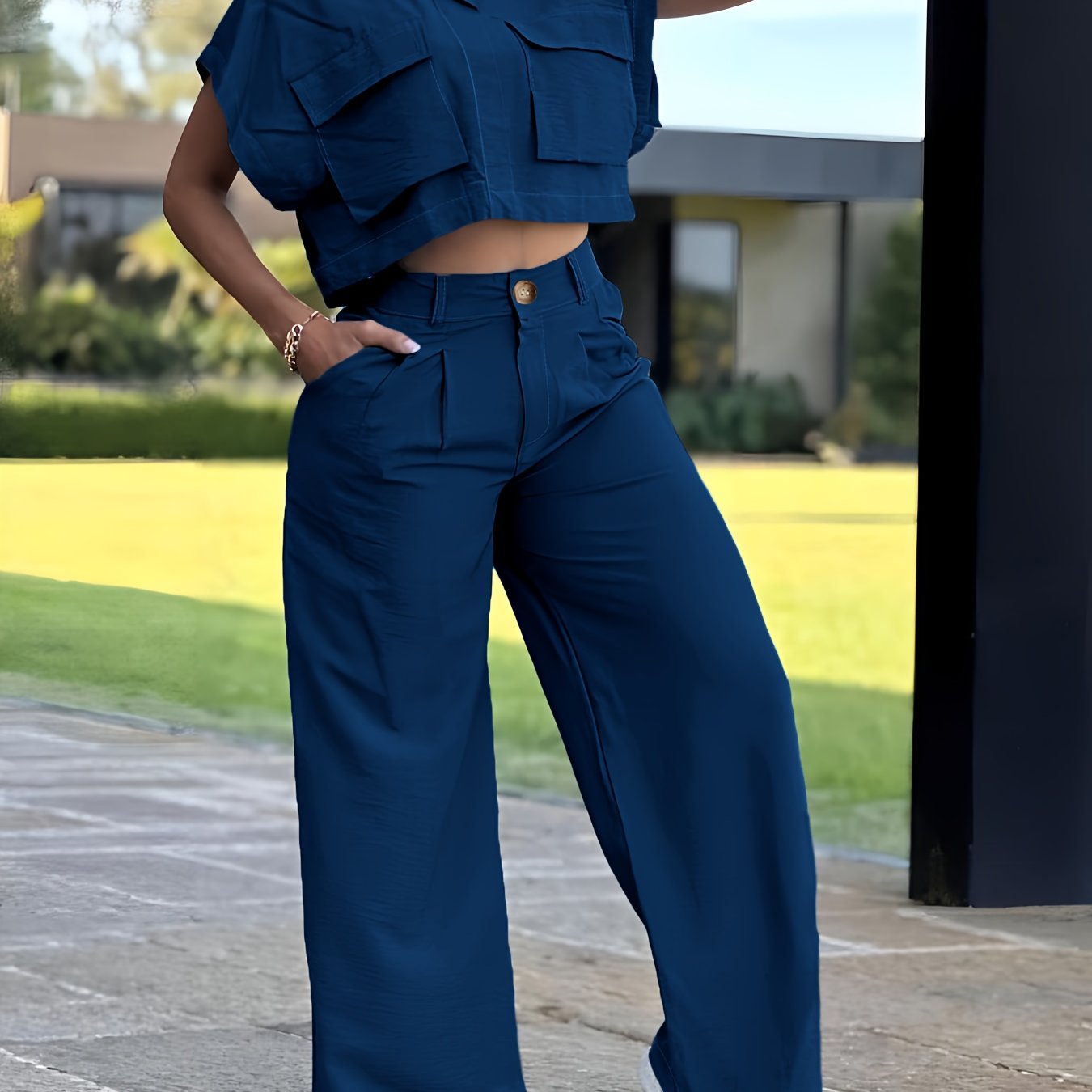 Conjunto Casual de Camisa con Bolsillo y Pantalón para Mujer – 2 Piezas