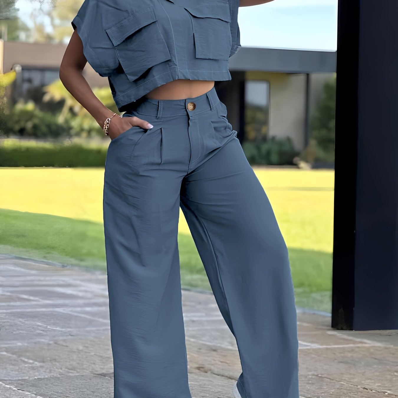 Conjunto Casual de Camisa con Bolsillo y Pantalón para Mujer – 2 Piezas