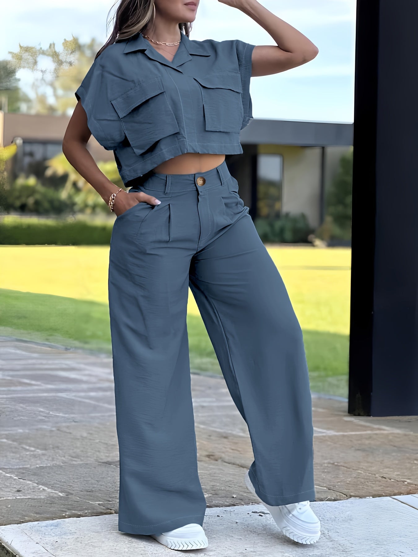 Conjunto Casual de Camisa con Bolsillo y Pantalón para Mujer – 2 Piezas