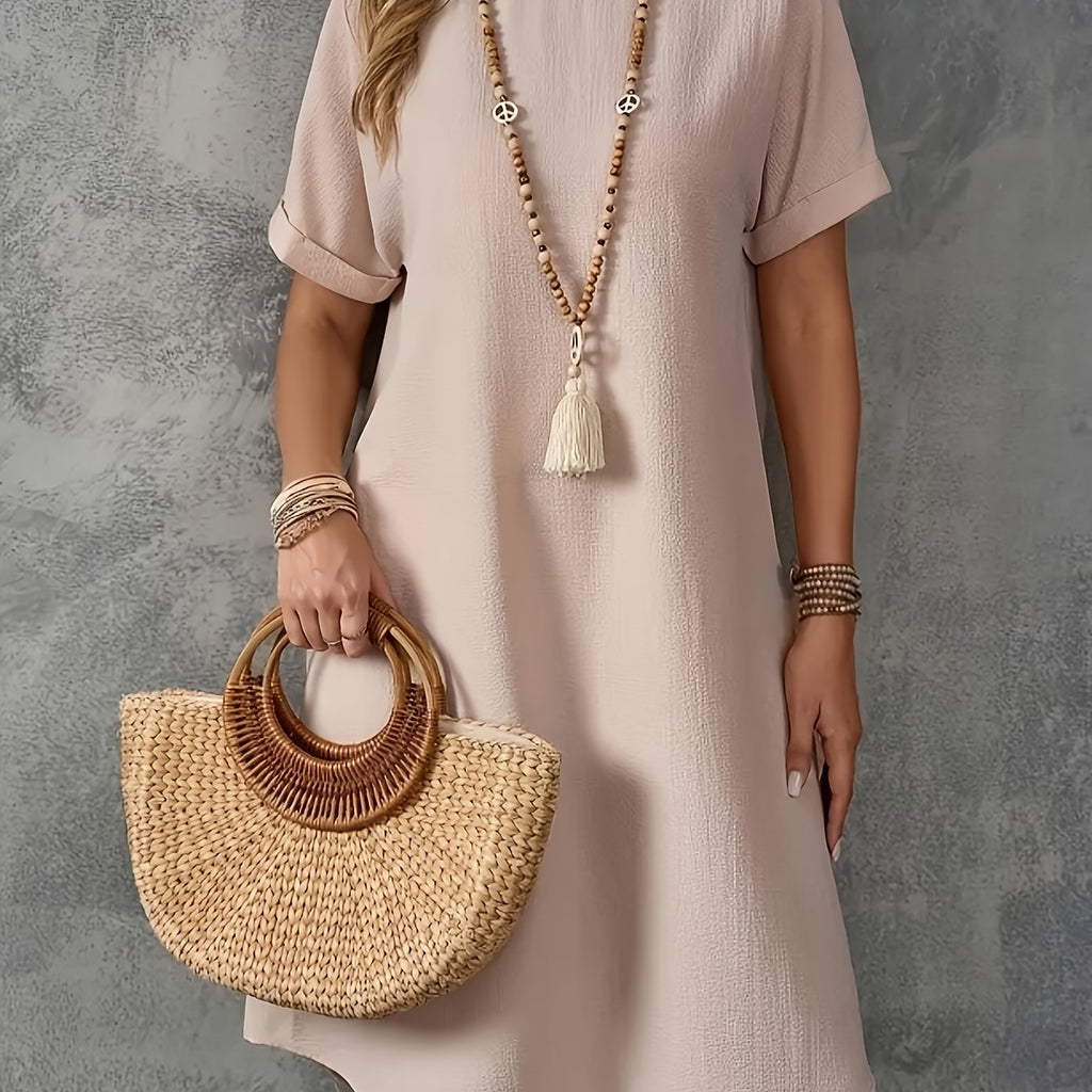 Vestido Casual de Color Sólido para Mujer – Cuello Redondo y Manga Corta