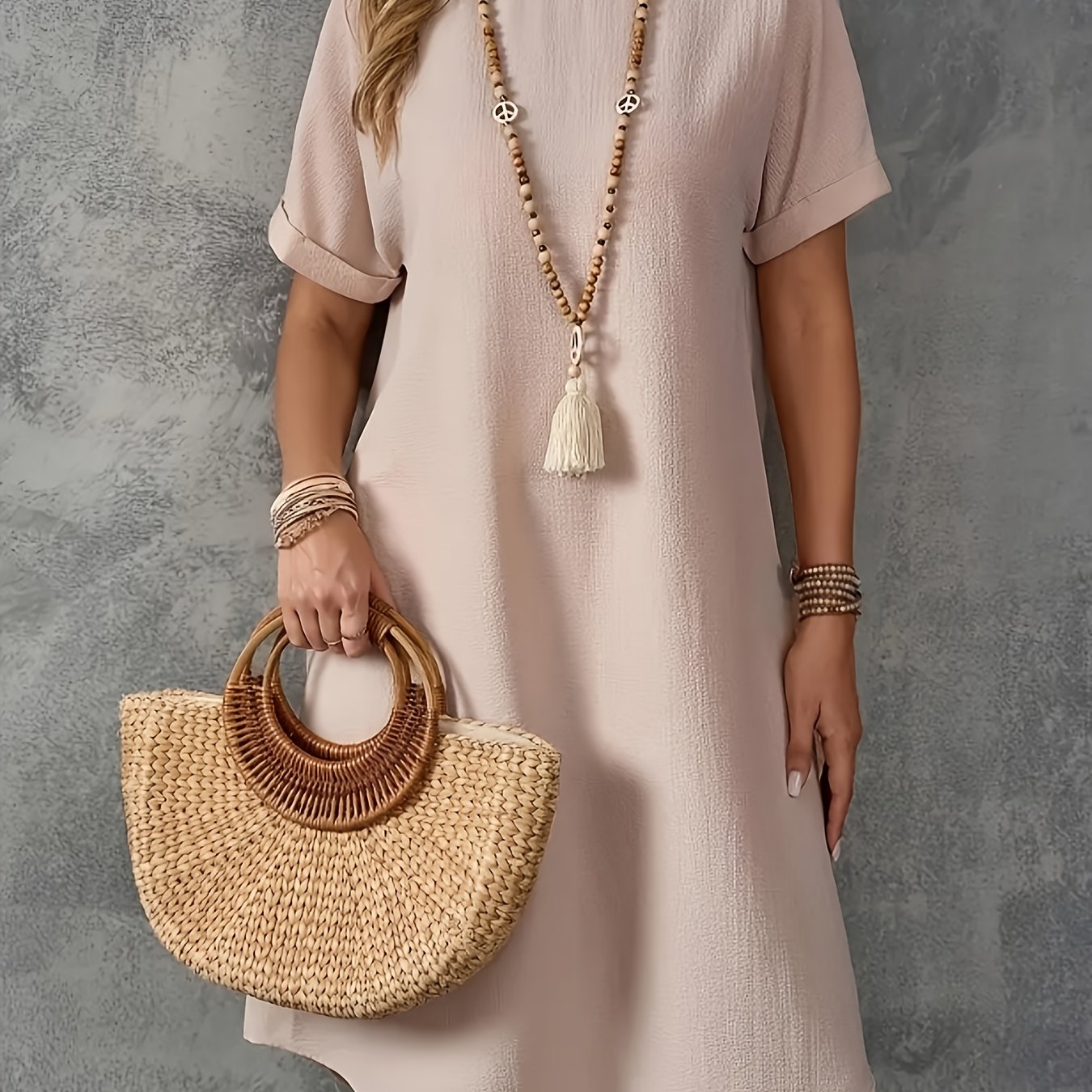 Vestido Casual de Color Sólido para Mujer – Cuello Redondo y Manga Corta