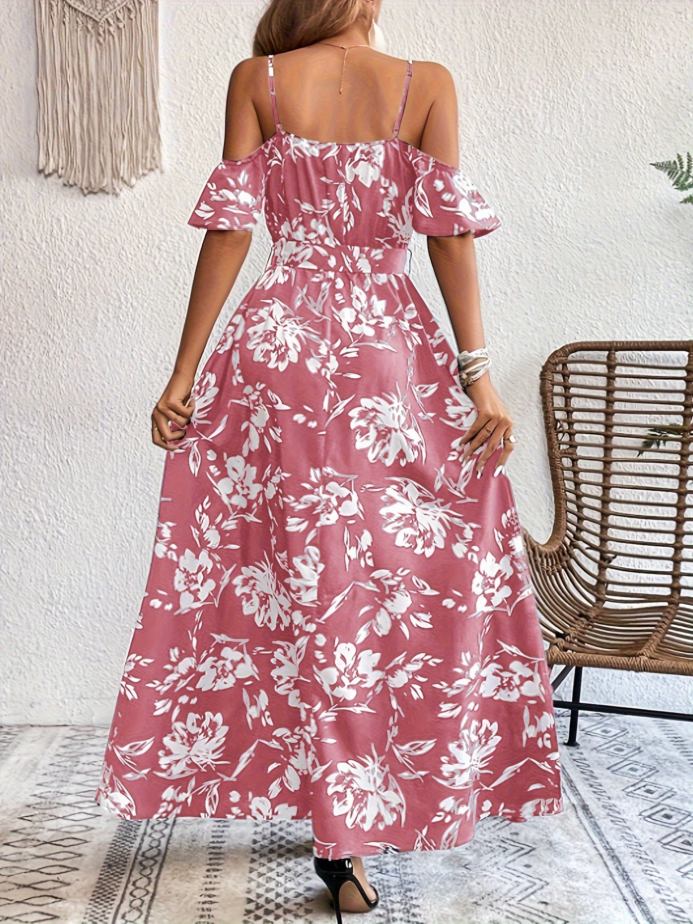 Vestido Elegante Floral para Mujer con Hombros Descubiertos y Cinturón, Corte A-Line con Abertura, Perfecto para Primavera y Verano