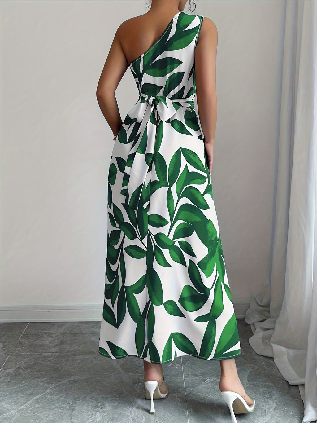 Vestido de Un Hombro Azul y Blanco para Mujer