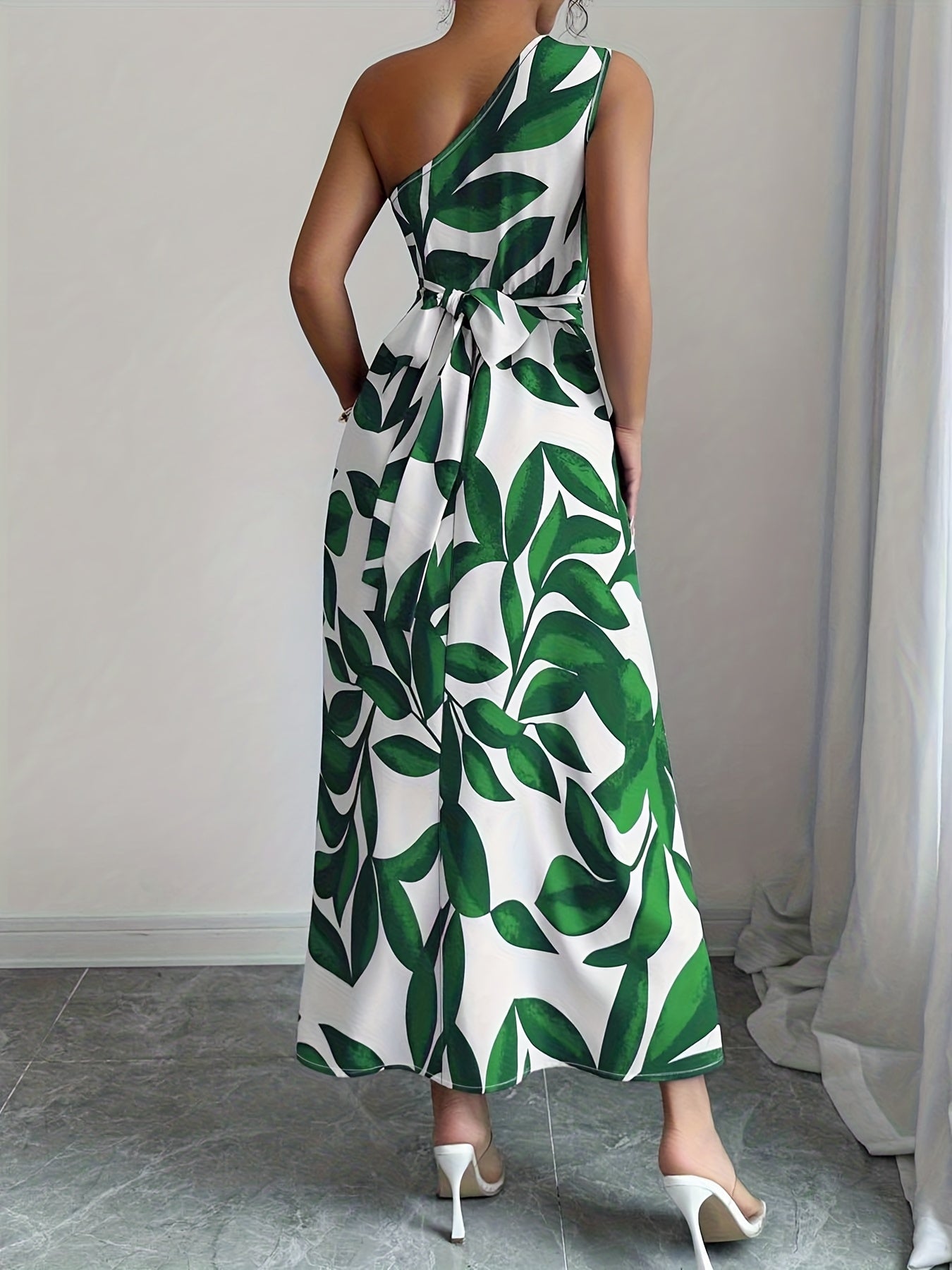 Vestido de Un Hombro Azul y Blanco para Mujer