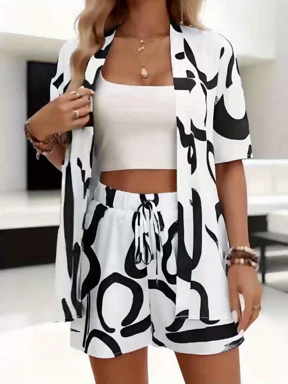 Conjunto Estampado de Cárdigan y Shorts para Mujer – 2 Piezas