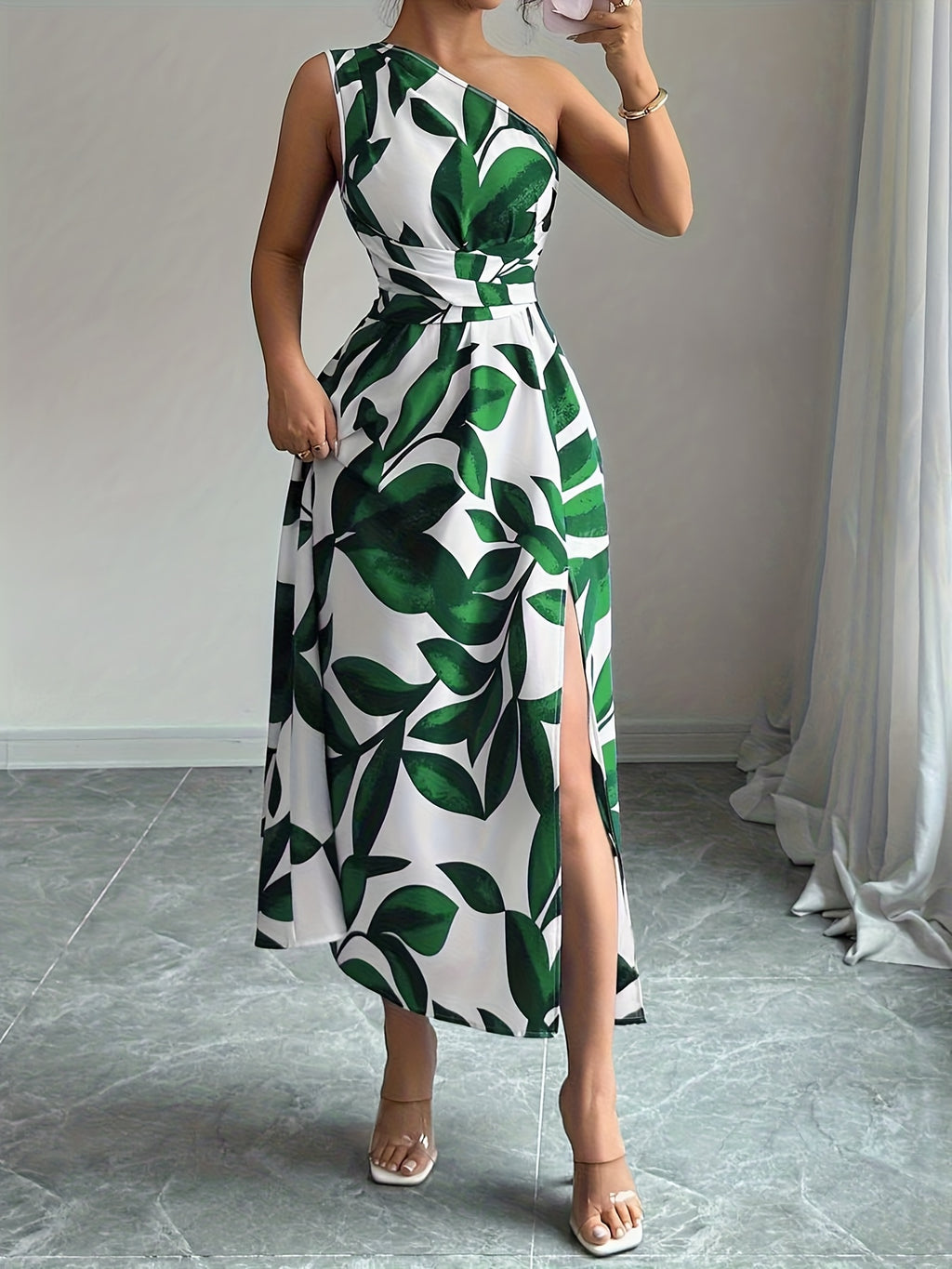 Vestido de Un Hombro Azul y Blanco para Mujer